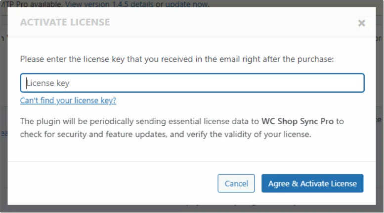 Enter the license key for plugin activation