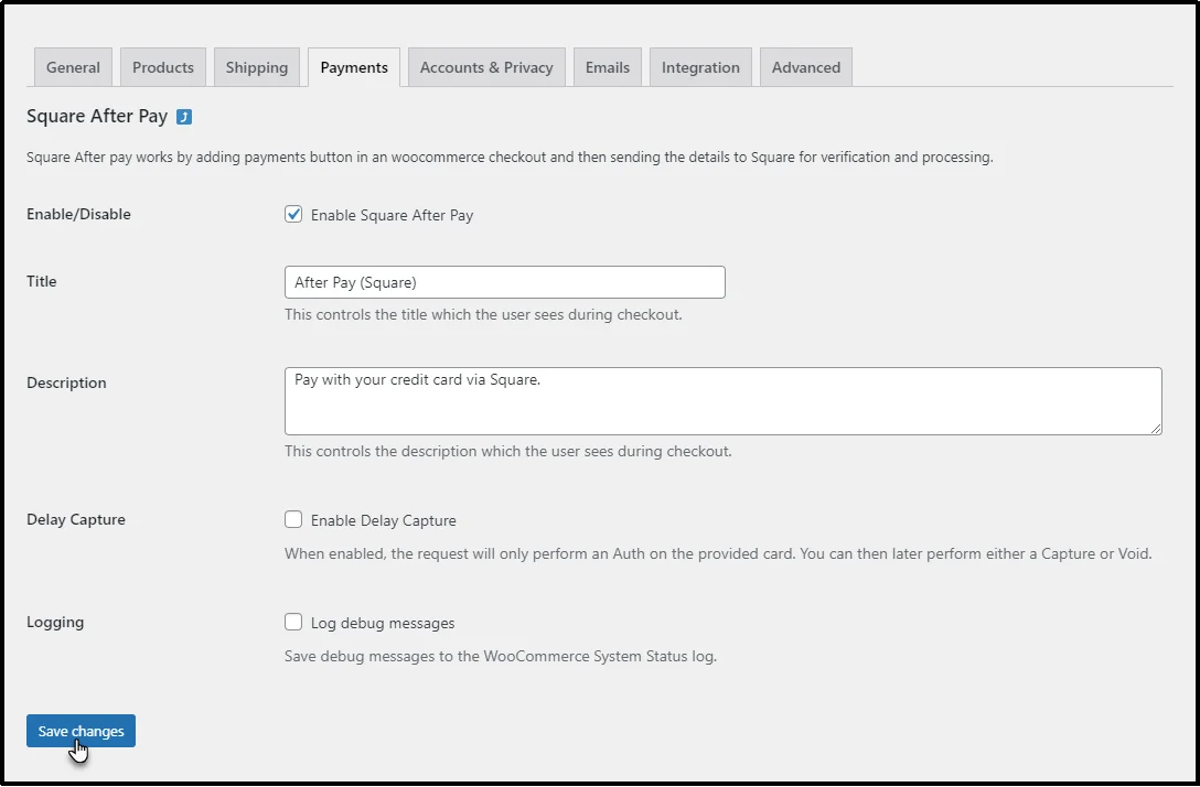 WooCommerce payments option screen showing available methods