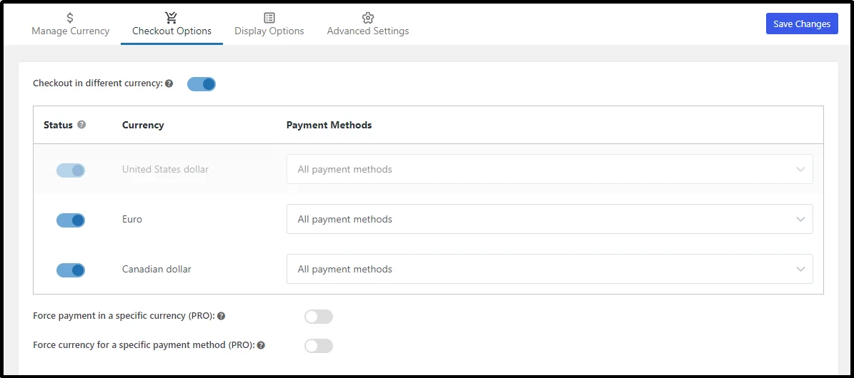 Switch to Checkout Options in WooCommerce Currency Settings