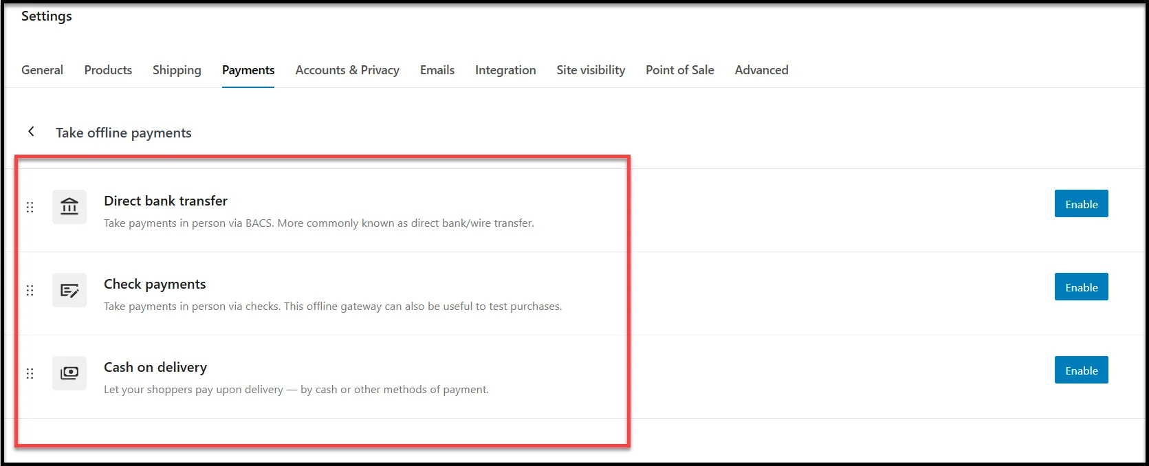 Default payment options shown in WooCommerce checkout settings