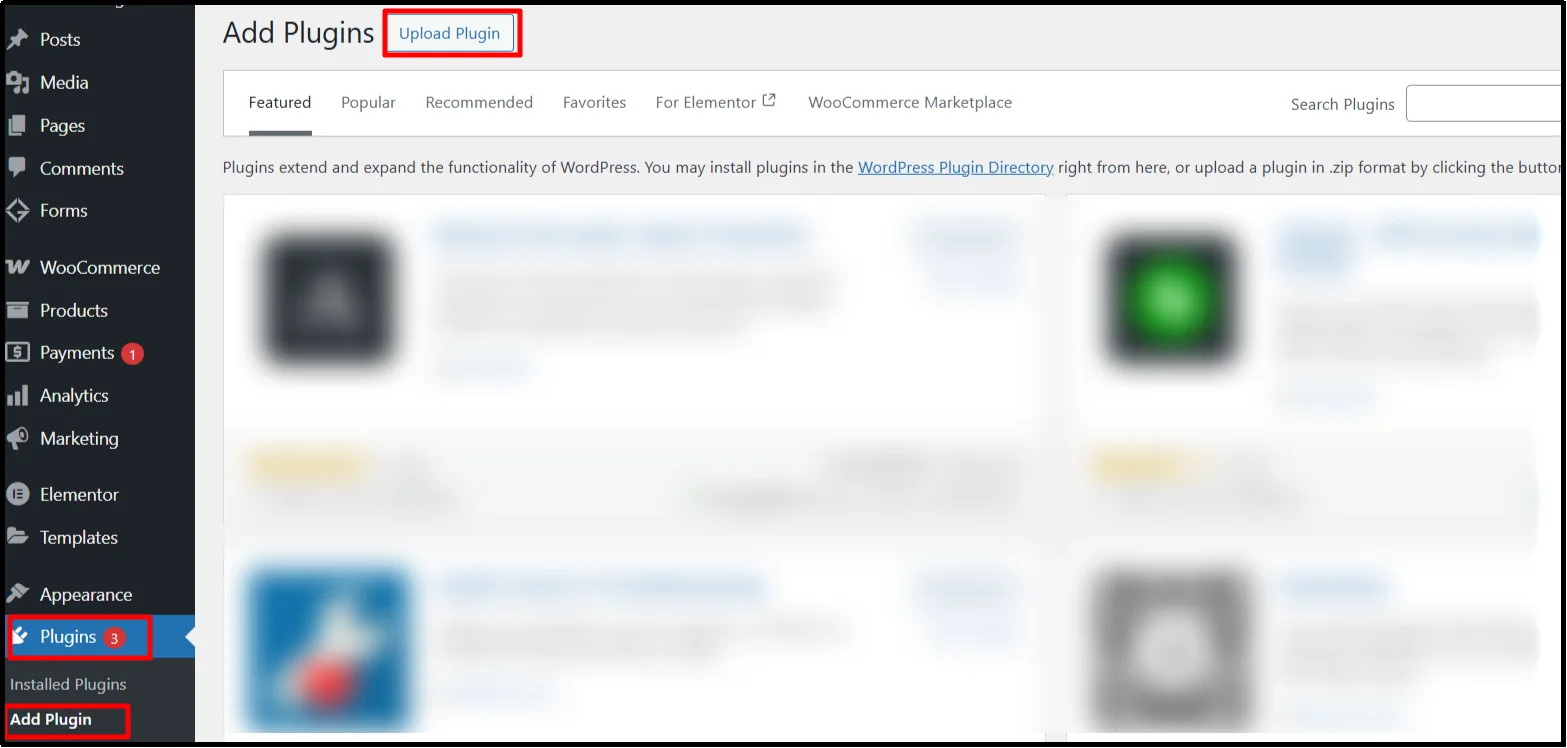 Upload plugin button in WooCommerce dashboard