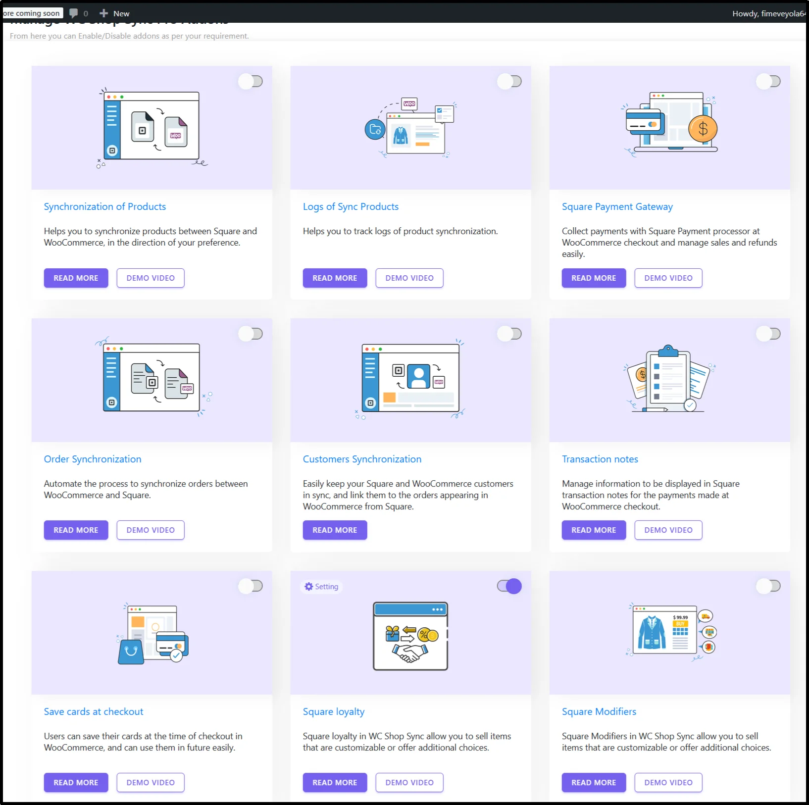 WC Shop Sync modules displayed in dashboard