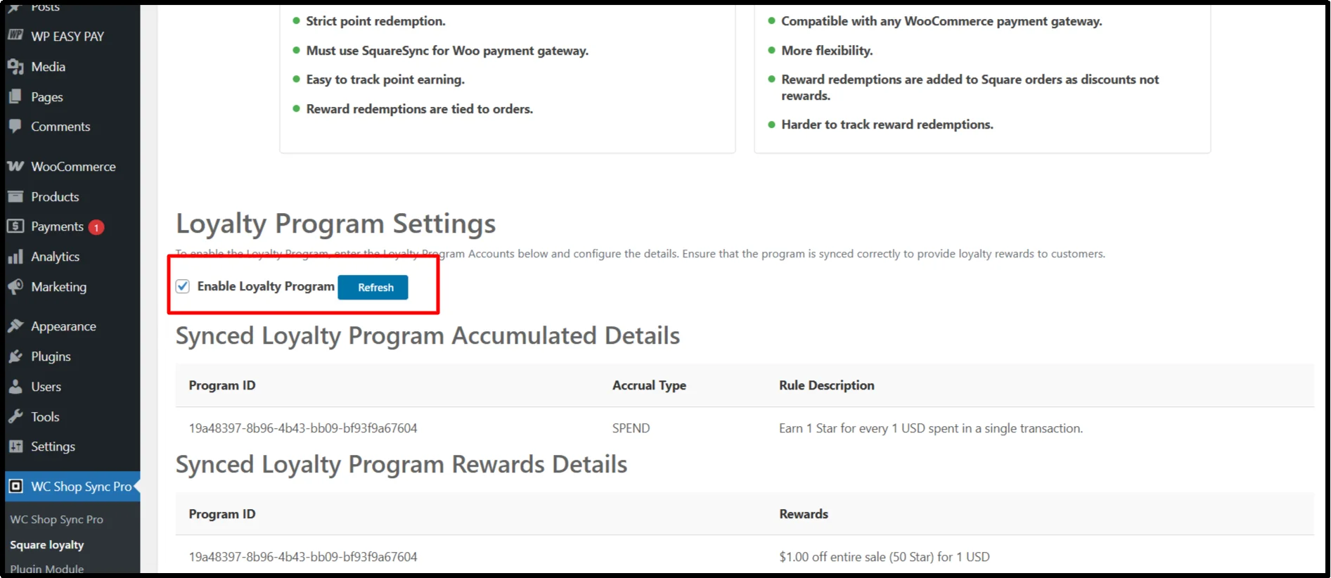 Square loyalty program settings page