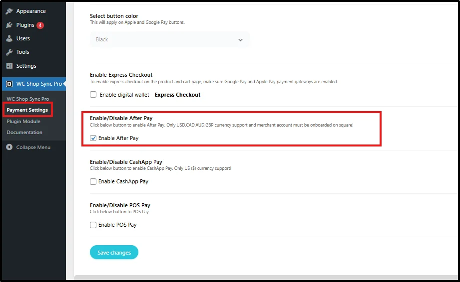 Enable Afterpay option checkbox