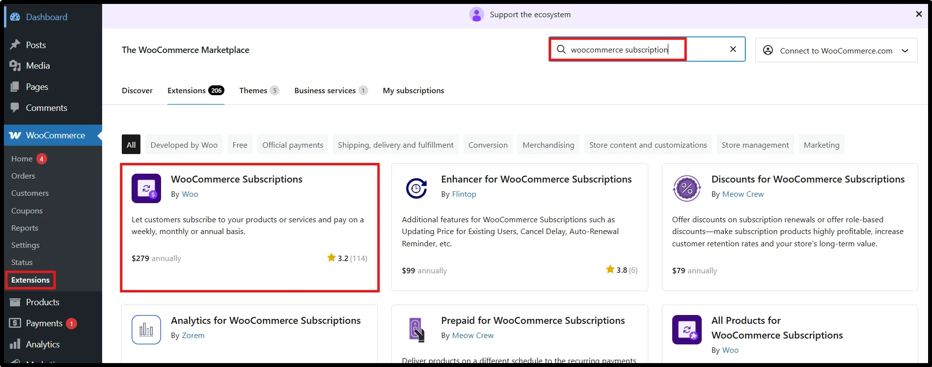 WooCommerce Subscriptions plugin dashboard for setting up subscription payments