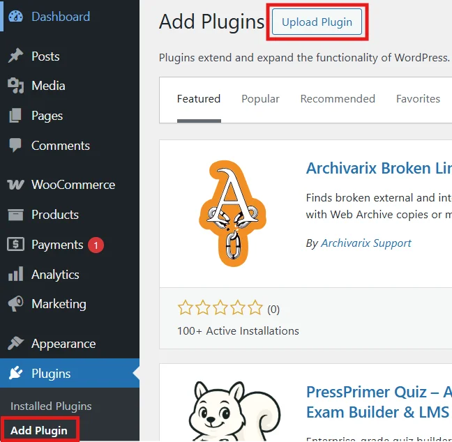 Upload plugin option in WordPress plugins page for installing WooCommerce Subscriptions