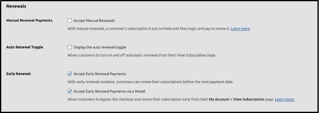 Configure automatic and manual renewal settings in WooCommerce subscription options