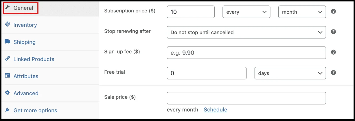 Additional subscription fields in WooCommerce product general tab