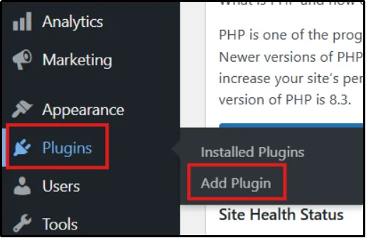 WordPress plugins menu option for managing installed plugins