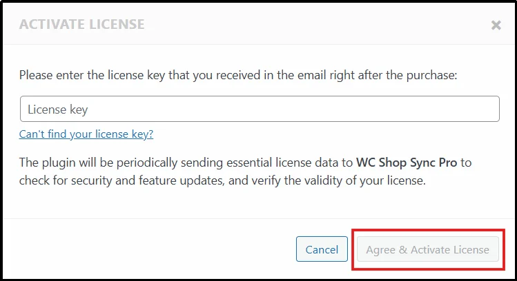 Enter WC Shop Sync Pro license key in plugin settings