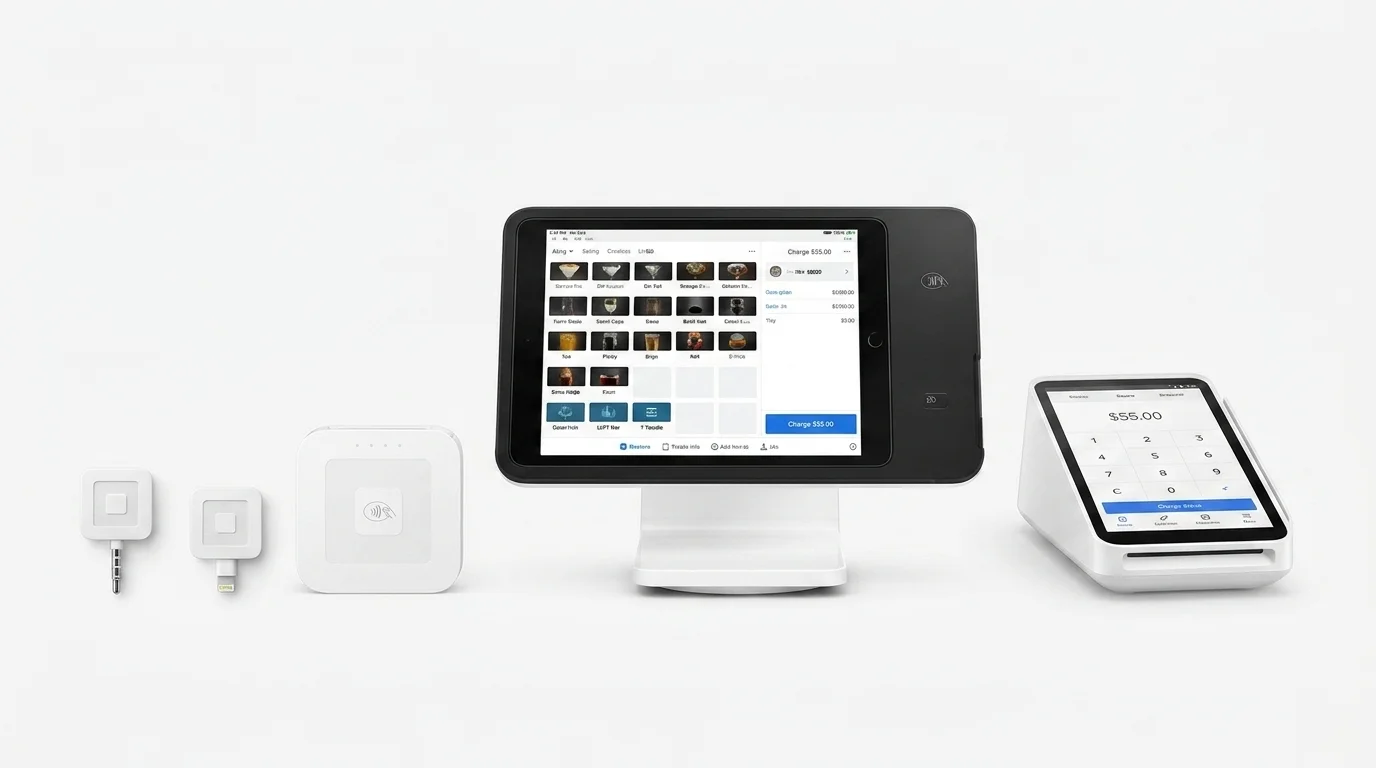 Square POS hardware options including Square Reader, Terminal, Register, Stand, and Handheld devices