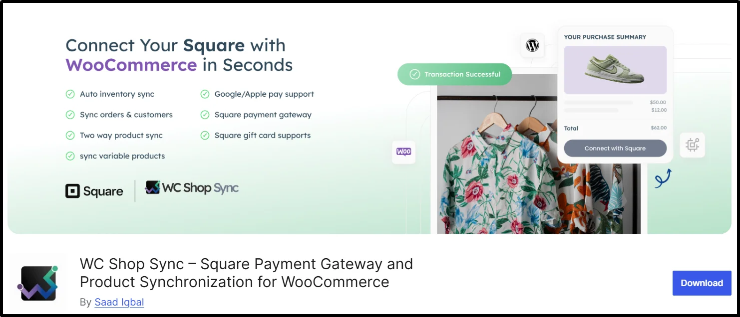 WC Shop Sync WooCommerce plugin syncing Square POS with WooCommerce inventory, orders, customers, and payments