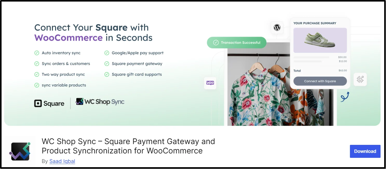 WC Shop Sync plugin banner showing Square payment gateway and product sync features for WooCommerce