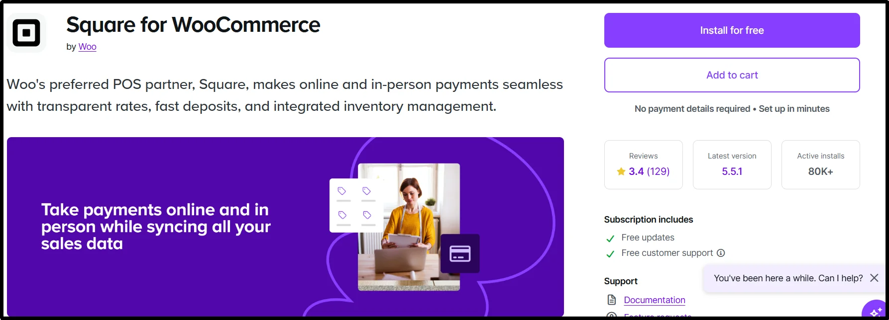 Square for WooCommerce official extension page by Woo with the Install for free button